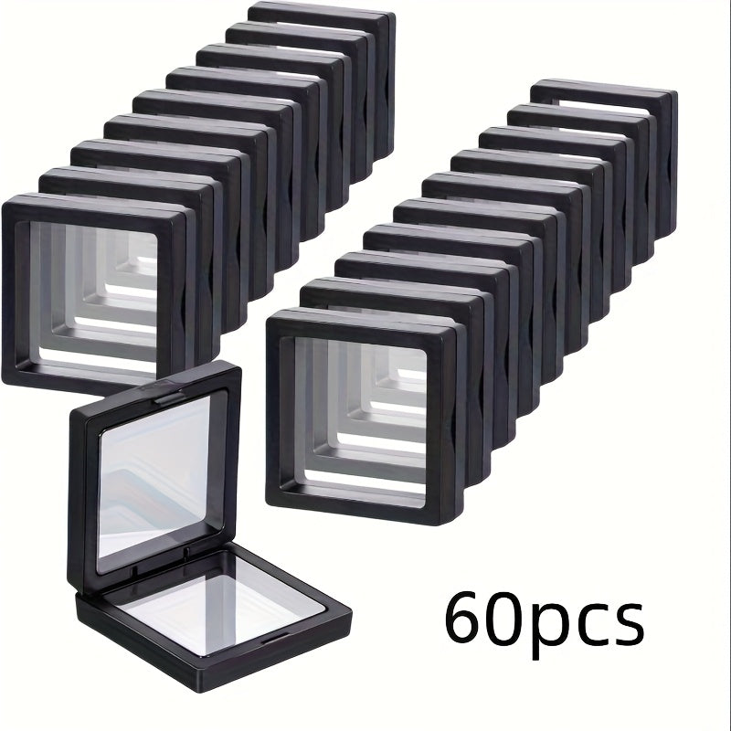 3D Floating Jewelry Display Box Bulk Set | Black Plastic Frame Clear Acrylic Panel Fabric-Lined Organizer for Jewelry Coins Collectibles ¨C Secure Clasp Closure ¨C 30 or 60 Pieces