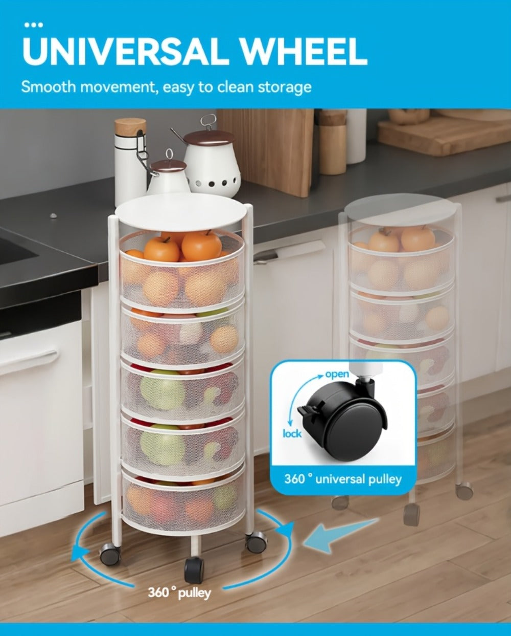 Rotating Storage Rack Multi-Tier Rolling Cart ¨C 360¡ã Swivel Round Floor Standing Organizer with 4 or 5 Layers, Vegetable Basket & File Rack for Kitchen, Bathroom, Office & Living Room (Black / White)