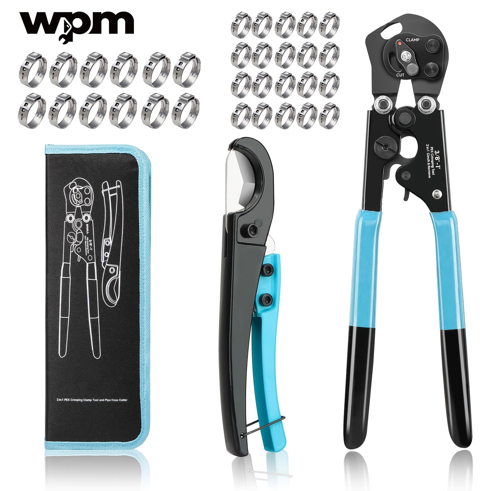 PEX Crimping Tool Kit ¨C Clamp Cinch Tool & Pipe Cutter, ASTM F2098 Certified, Fits 3/8¡± to 1¡± Stainless Steel Clamps, Includes 20pcs 1/2¡± & 10pcs 3/4¡± Clamps with Storage Bag
