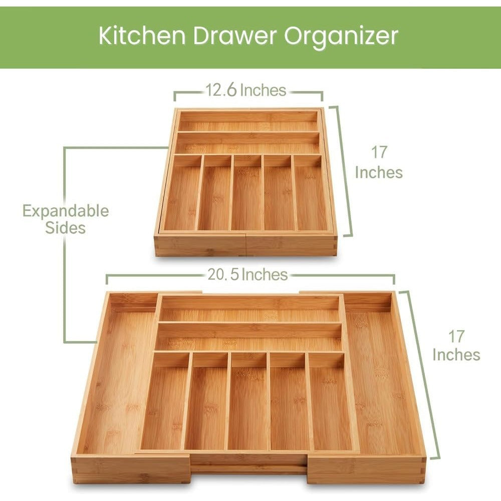 Bamboo Drawer Organizer Expandable Adjustable 9-Compartment Silverware Tray Cutlery Utensil Holder for Kitchen Drawer Office Desk Bedroom Eco-Friendly Bamboo Storage Divider Organizer