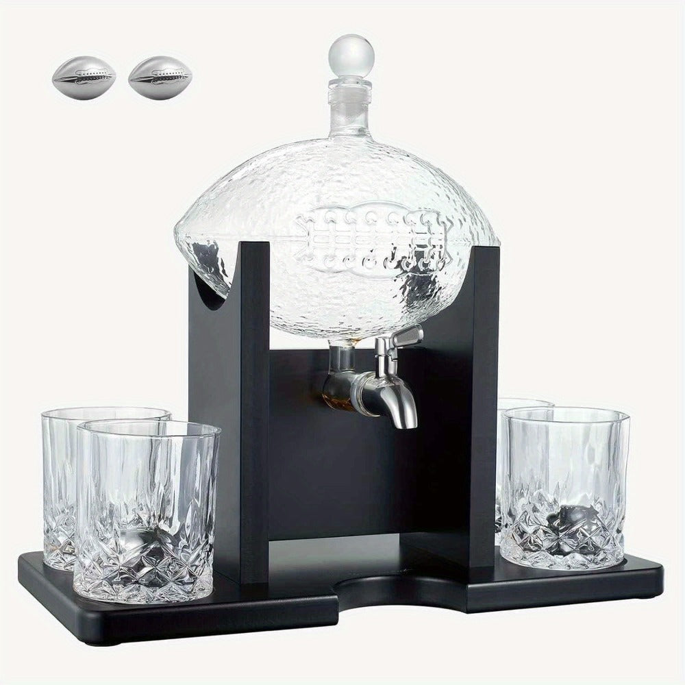 Football Whiskey Decanter Set 47oz Lead-Free Glass Liquor Decanter with 2 Whiskey Glasses & 2 Football Chillers ¨C Sports Bar Gift for Men Dad Husband Coach Birthday
