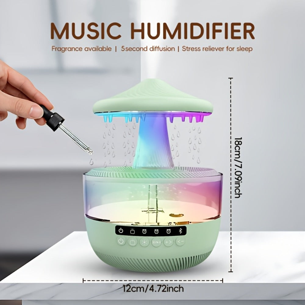 Raindrop Humidifier with LED Color-Changing Light & Wireless Music | 11.83oz Large Tank, Dual Control, Essential Oil Compatible, Cool Mist for Bedroom, Valentine's & Garden Decor | White