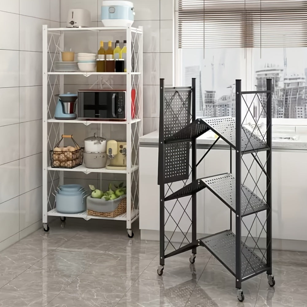 Rolling Storage Rack with Wheels 3 4 5 Tier Folding Shelving Unit No Assembly Required, Freestanding Metal Shelf Organizer for Kitchen Living Room Garage Office Basement, Black White