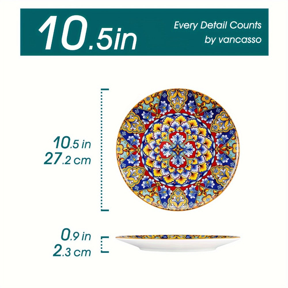 Bohemian Dinner Plates Set of 6 ¨C 10.5 Inch Colorful Stoneware Plate Set Microwave Dishwasher Safe Scratch Resistant Porcelain Dinnerware for Home Restaurant Cafe Boho Kitchen Decor Gift