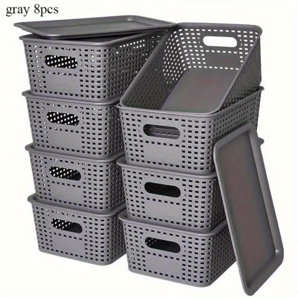 Storage Basket Set with Lids 8pcs ¨C Plastic Desktop Organizer Bins for Document Storage, Shelf Organization & Home Office ¨C Flip-Top Lid Baskets, White