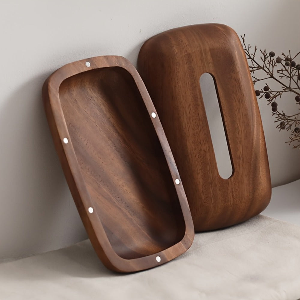 Walnut Tissue Box Cover Holder - Modern Minimalist Rectangular Decorative Napkin Dispenser with Premium Walnut Veneer Top, Polished Finish for Desk, Bathroom, Office, Nightstand