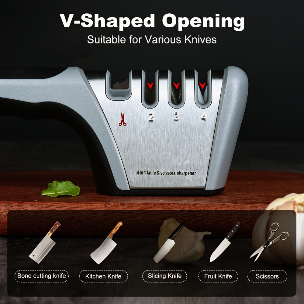 4-in-1 Knife Sharpener Manual Kitchen Tool for Chef Knives, Paring Knives, Steel Blades & Scissors ¨C 4 Stage Sharpening System with Non-Slip Base