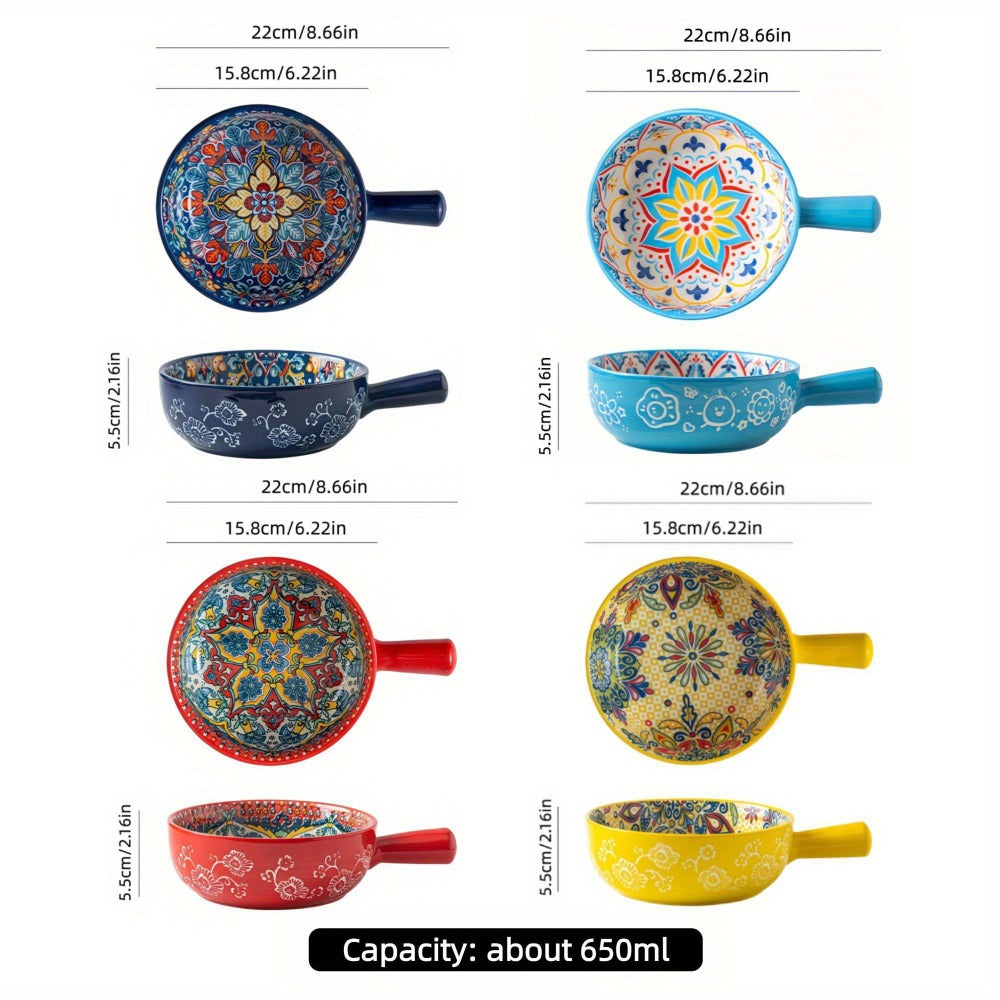 Ceramic Salad Bowl Set of 4 Bohemian Style 8.7 Inch with Handles Microwave and Oven Safe Colorful Serving Bowls for Home Baking Table Serving Gift