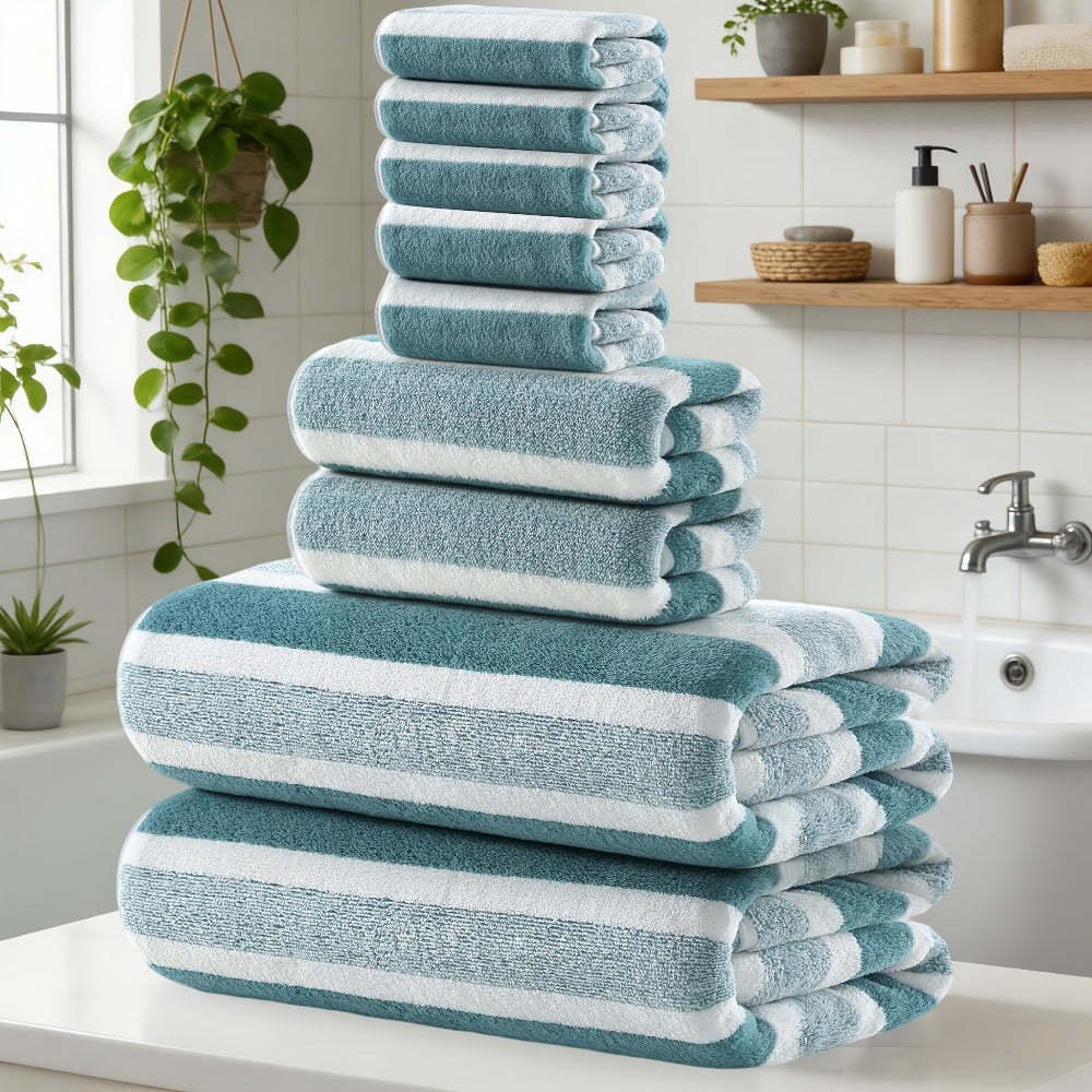 Coral Fleece Towel Set 9 or 15 Piece No Hair Loss 320GSM - Super Soft Absorbent Two-Color Striped | 2 Bath 2 Face 5 Hand Towels | Gray Brown Red Green Blue Mixed | Bathroom Beach Essentials