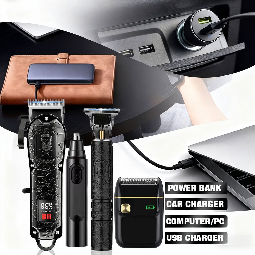 Electric Grooming Kit Foil Shaver Beard Trimmer & Nose Ear Hair Trimmer Set with LCD Power Display - Rechargeable 2 to 4 Piece Sets for Home, Travel & Car, Perfect Gift for Men, Husband & Father