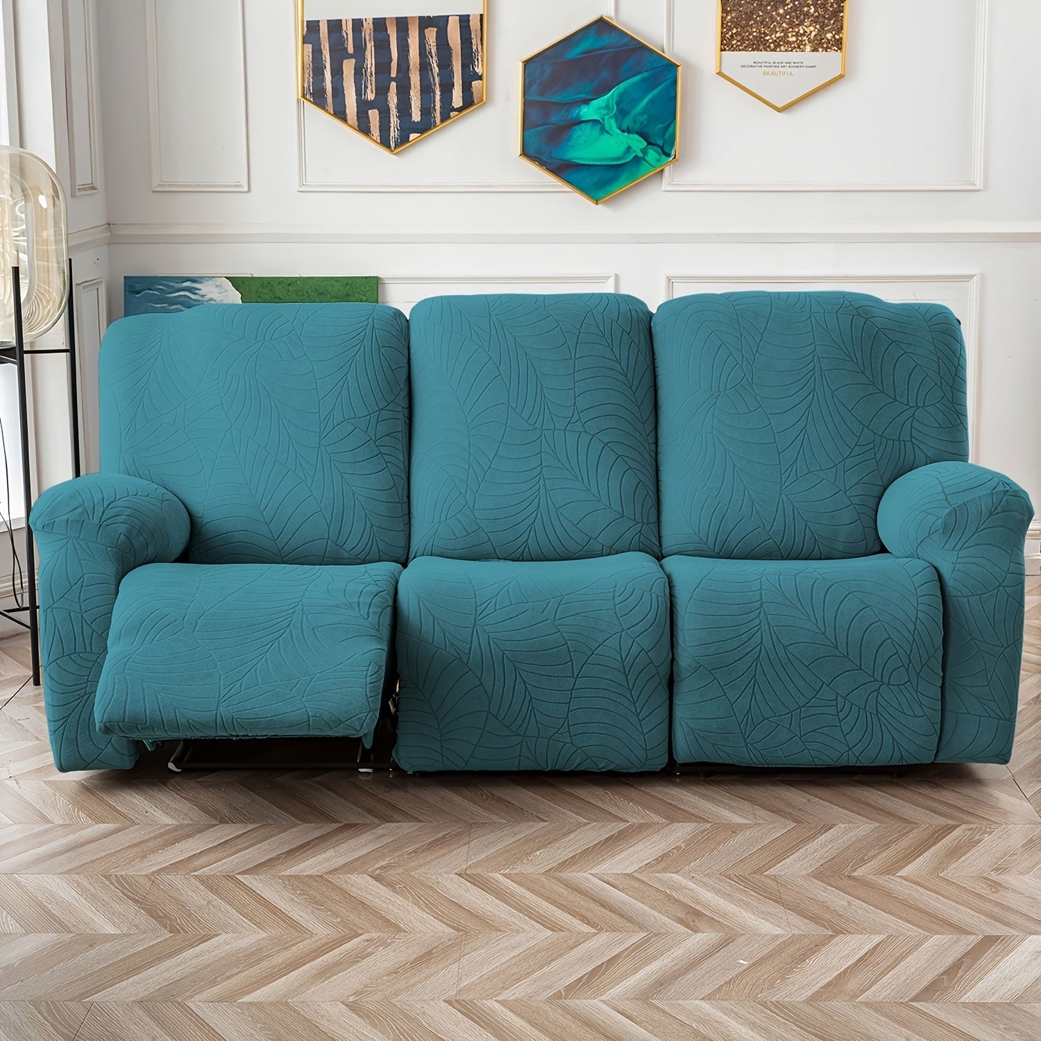 Jacquard Stretch Sofa Recliner Cover Big Leaves - High Stretch Soft Washable Slipcover for 1 2 3 Seat Loveseat with Console Furniture Protector Home Decor, 6 Colors