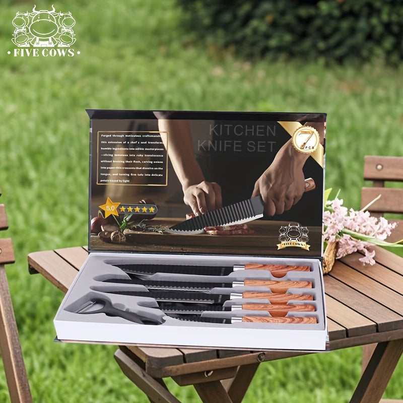 Kitchen Knife Set High Carbon Steel Hand Forged Chef Knives with Case Non-Stick Black Blade Butcher Cleaver Meat Cutting Vegetable Chopping Camping BBQ Outdoor Holiday Gift