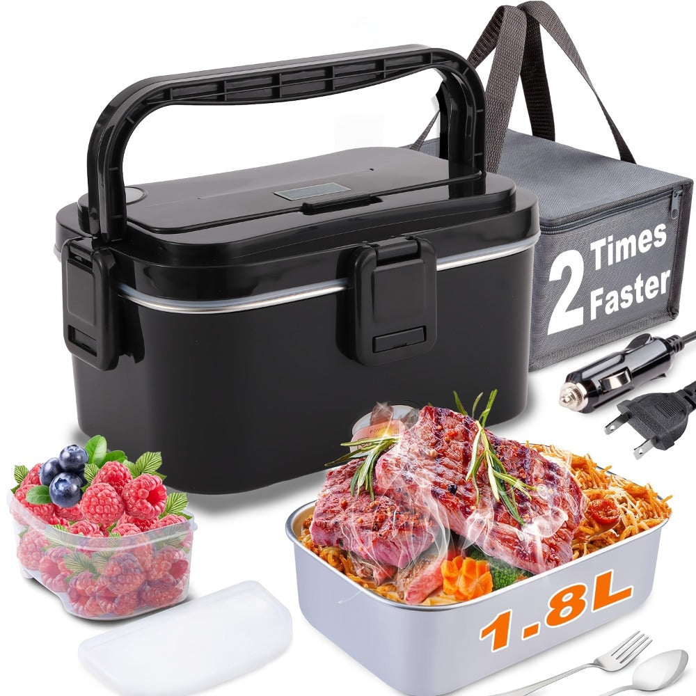 Electric Lunch Box Portable Food Warmer 60oz ¨C 110V Home & 12V/24V Car Heated Meal Container, Stainless Steel, Leak-Proof with Insulated Bag & Fork for Office, Truck, Travel & Camping