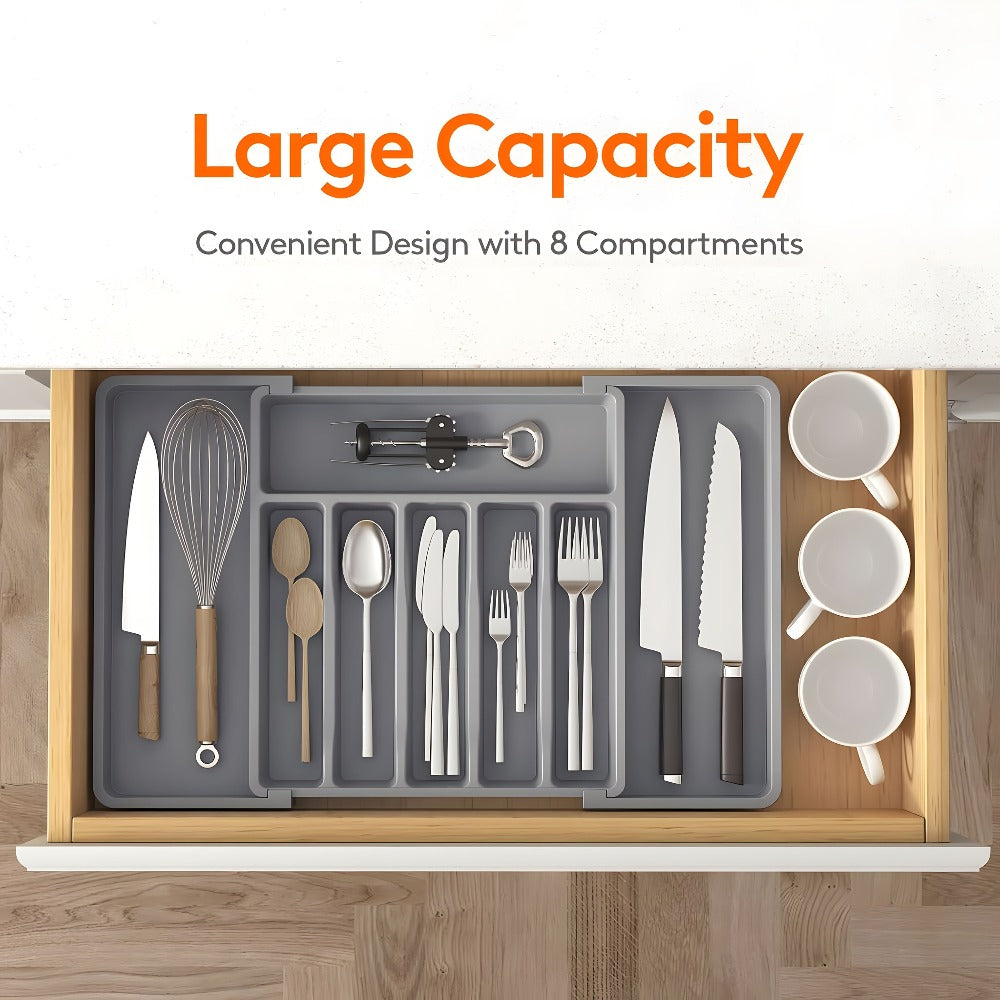 Silverware Organizer Adjustable Drawer Organizer | Utensil & Cutlery Storage Tray for Kitchen Drawer | Expandable Knife Fork Spoon Holder 22.4¡± x 15¡± x 2¡± | Kitchen Organization & Storage in Black Grey White