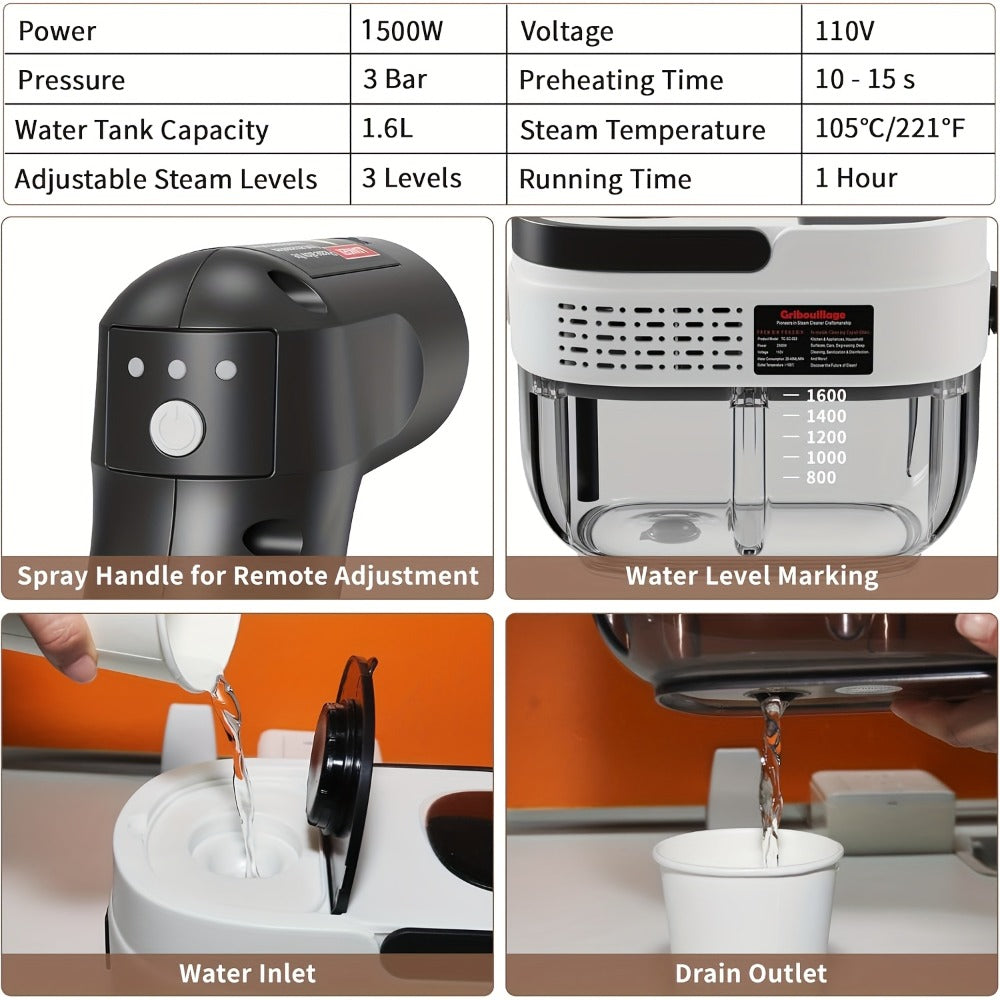 High Pressure Steam Cleaner Handheld 1.6L Large Tank 3-Level Adjustable Handle for Home Car Detailing Bed Bugs Couch Grout Furniture