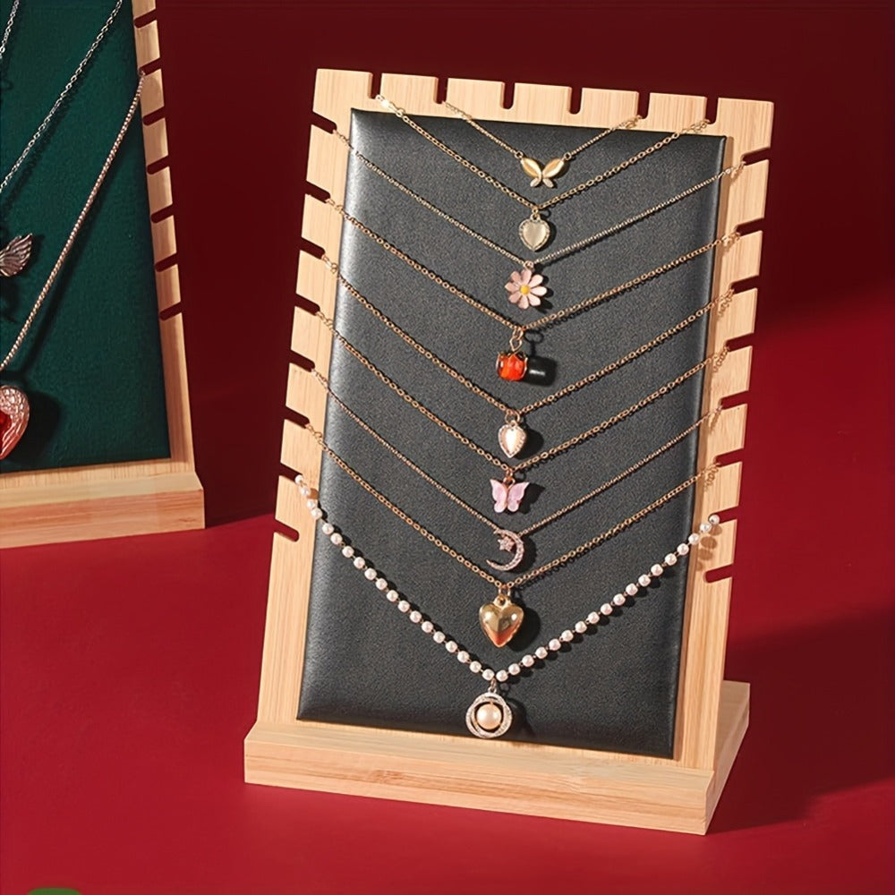 Bamboo Jewelry Necklace Display Stand 2 Pack - Multi-Hook Necklace Holder Tower, Tabletop Showcase Organizer for Retail Store, Beige Rectangle Jewelry Stand No Tools Required