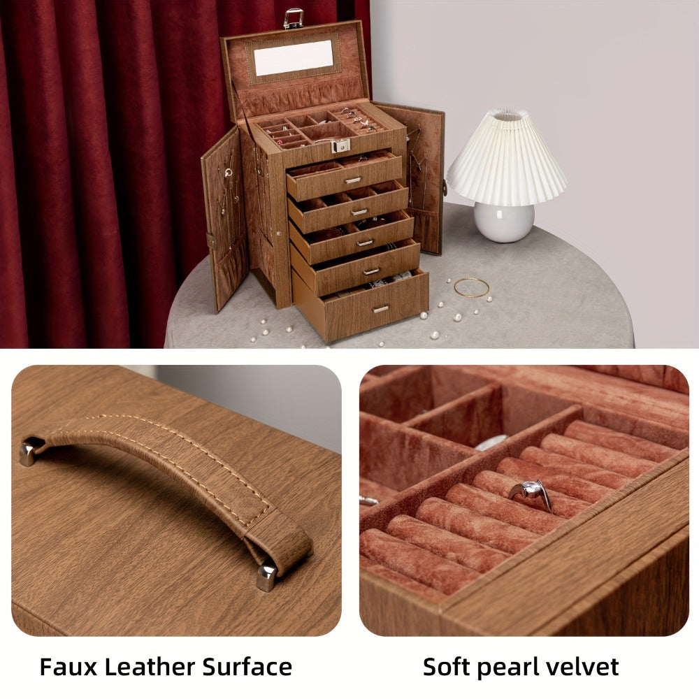 Jewelry Box 6 Tier with 5 Drawers Mirror & Lock | Large Jewelry Organizer Storage Case Gift for Women