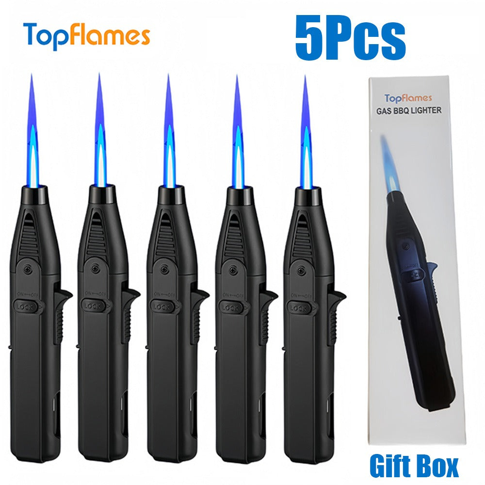 Windproof Torch Lighter 5 Pack Outdoor Butane Gas Lighter Set 1300 1800 Degree Blue Flame Safety Lock Gift Box Camping BBQ Candle Fireplace Butane Not Included