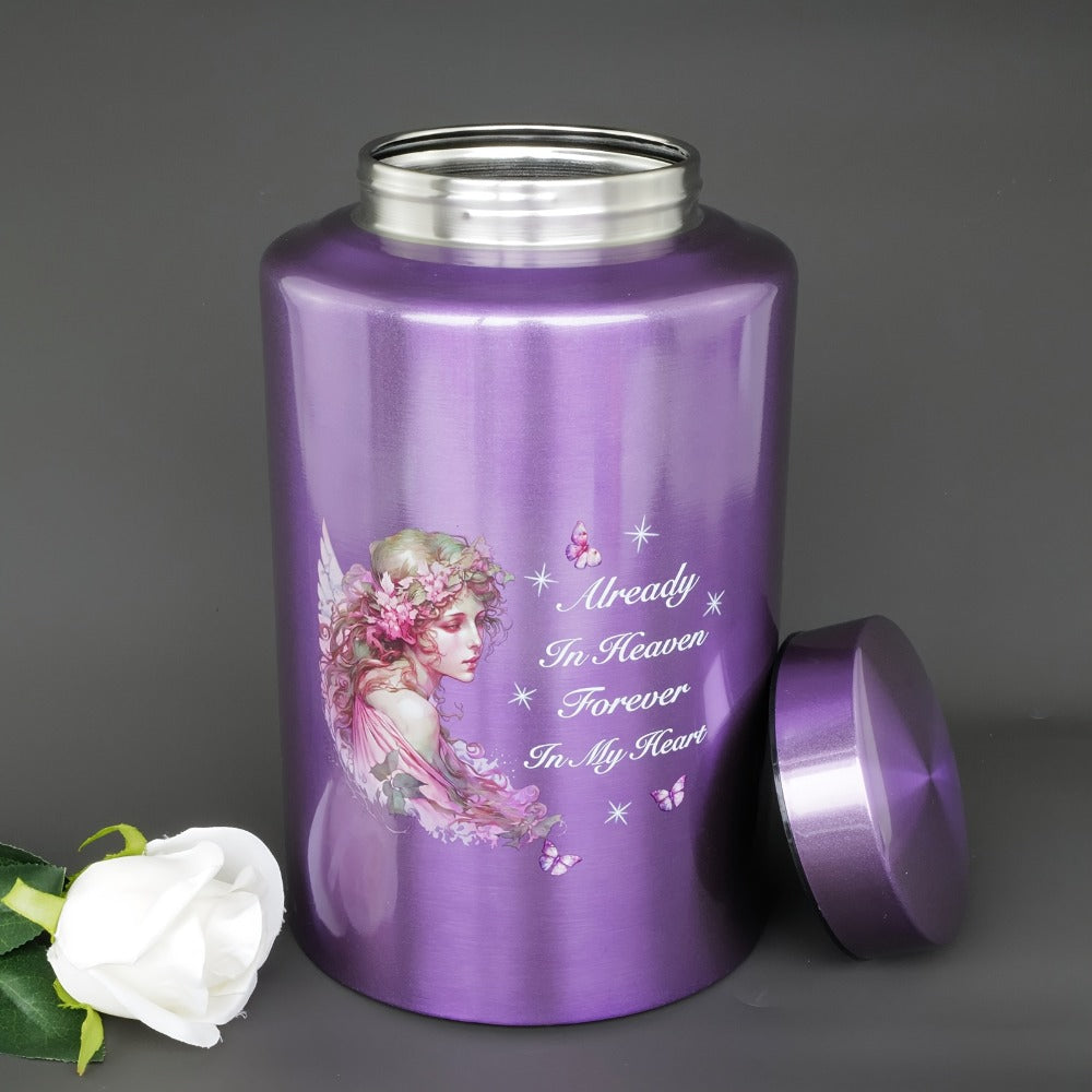 Cremation Urns for Human Ashes Large ¨C Stainless Steel Memorial Urn Holds 220 lbs, Decorative Butterfly Cardinal Fairy Design, Screw Lid & Seal Ring, Velvet Pouch Included, Adult Funeral Keepsake Urn