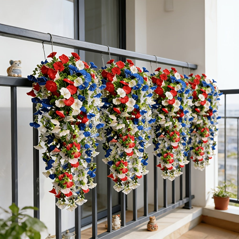 Artificial Hanging Morning Glory Flowers 6pcs - Red White Blue Fake Flower Vines for Home Garden Outdoor Indoor Decor, Independence Day Memorial Day Decoration, No Maintenance Plastic Blooms