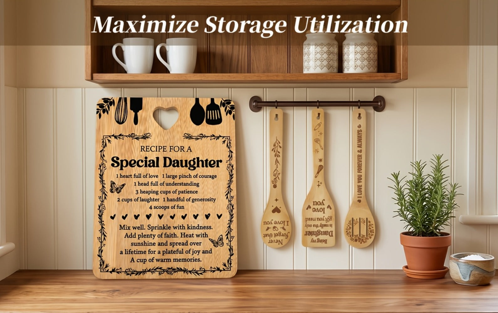 Engraved Bamboo Cutting Board Gift Set for Daughter, Recipe for a Special Daughter Kitchen Utensil Set, Personalized Birthday Christmas Gifts for Daughter from Mom Dad, Unique Sentimental Kitchen Gift