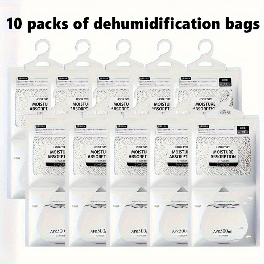 Hanging Moisture Absorber Bags 10-Pack, Dehumidifier Bags for Closet Wardrobe Bedroom Bathroom, High-Efficiency Moisture Proof Damp Absorbing Home Dehumidification