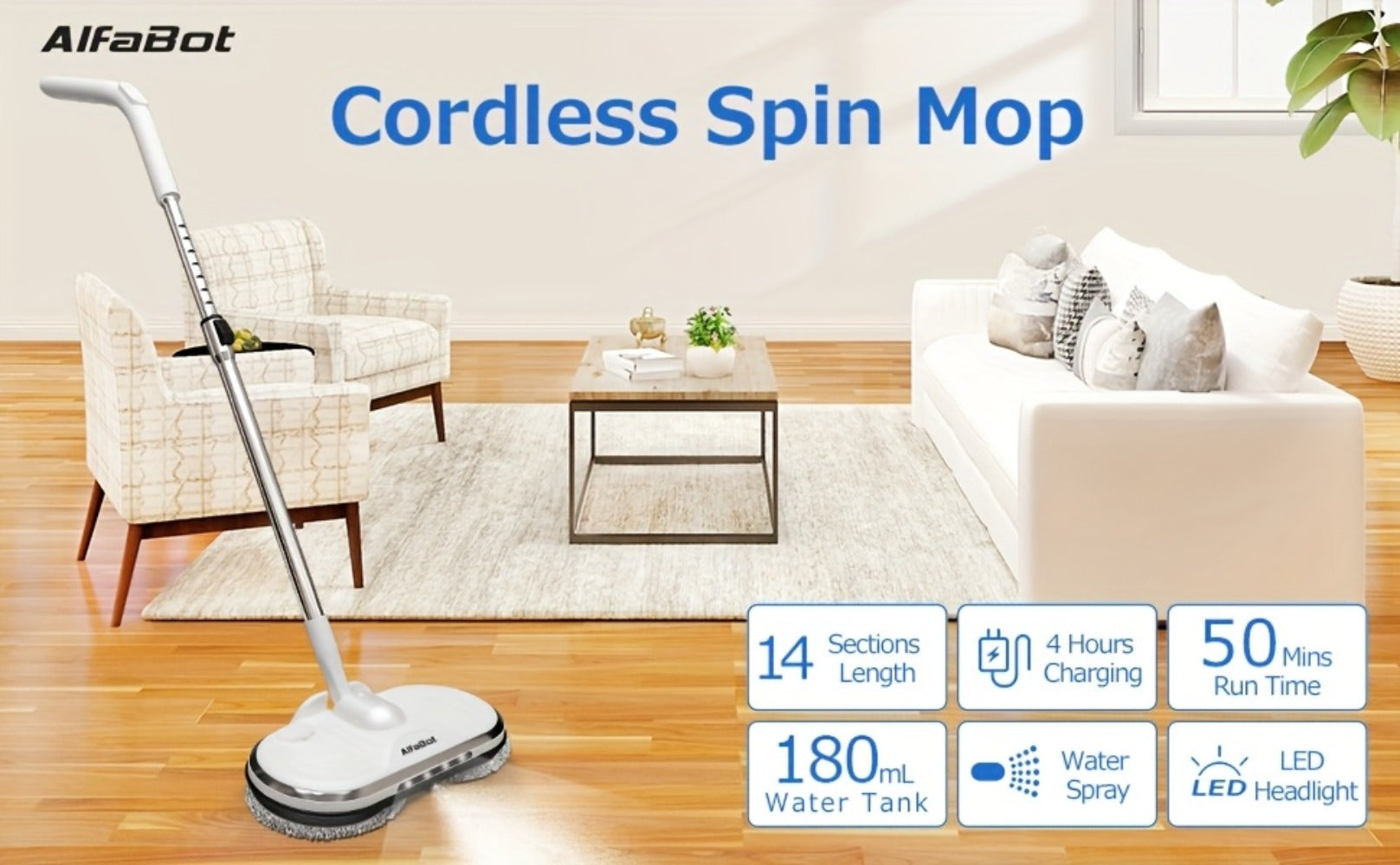 Cordless Electric Spin Mop with LED Headlight & Sprayer, 50-Min Runtime 6oz Water Tank, Lightweight Floor Scrubber for Hardwood Tile Laminate Floors