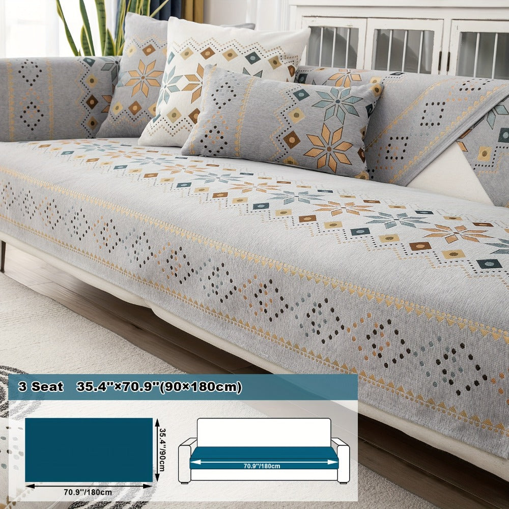 Bohemian Chenille Sofa Cover | Geometric Print Non-Slip Couch Slipcover, Thick Plush Boho Style, 1 to 4 Seat, Armrest & Backrest, Machine Washable, Sectional Sofa Protector