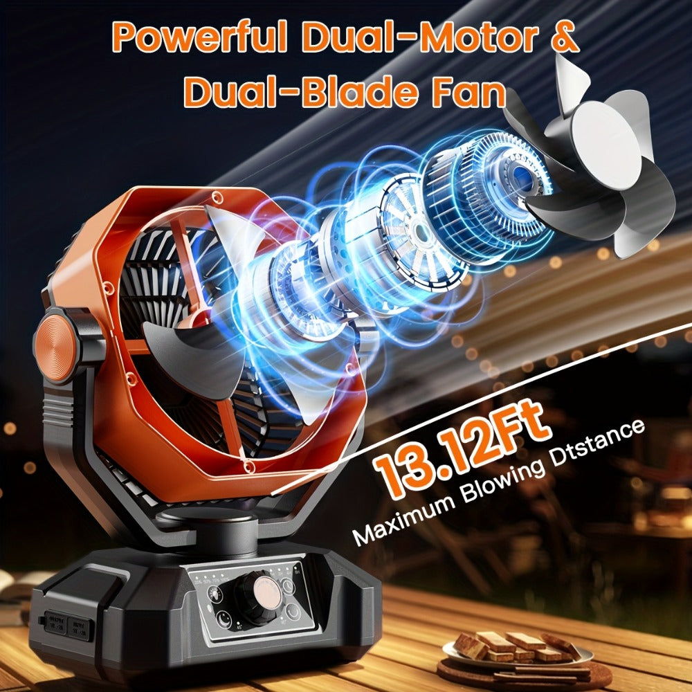 Battery Powered Camping Fan 20000mAh - 8-Speed Dual Motor Desk Fan with 4 LED Lanterns, Hook & Remote Control | Portable Outdoor Fan for Tent, Power Outage & Construction Site | Green, Black & Orange
