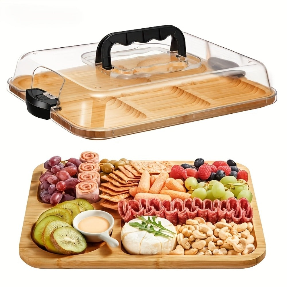 Bamboo Charcuterie Board with Acrylic Lid 8 Compartment, Portable Cheese Tray & Deli Platter with Snap-On Cover for Parties, Camping, Restaurants & Holiday Appetizers