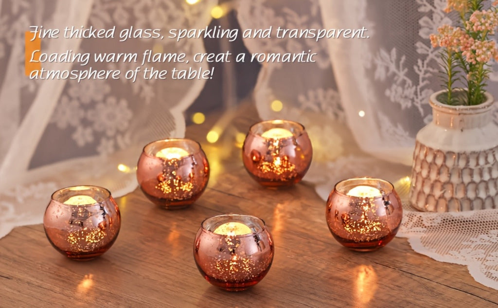 Votive Candle Holders Bulk - High Temperature Glass Hurricane Candle Holders for Weddings, Parties & Romantic Dinners, Starlight Shimmer Effect, Set of 6/12/24, Golden, Pink, Silver & Green