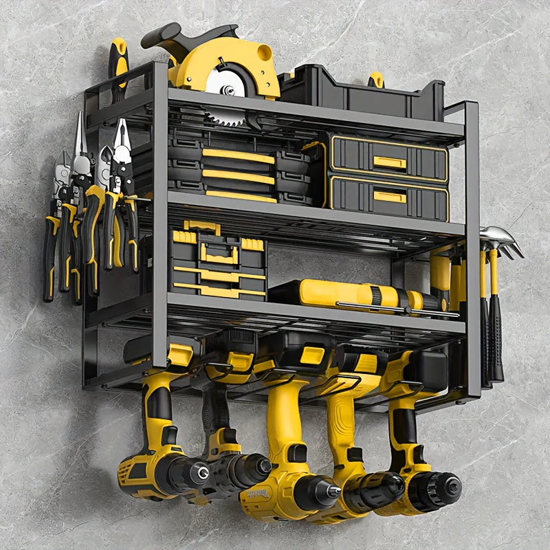 Wall Tool Storage Rack Heavy Duty Metal Organizer - 4 Layer Cordless Drill Holder Clamp Bracket Workbench Wall Mount Space Saving Workshop Garage Storage