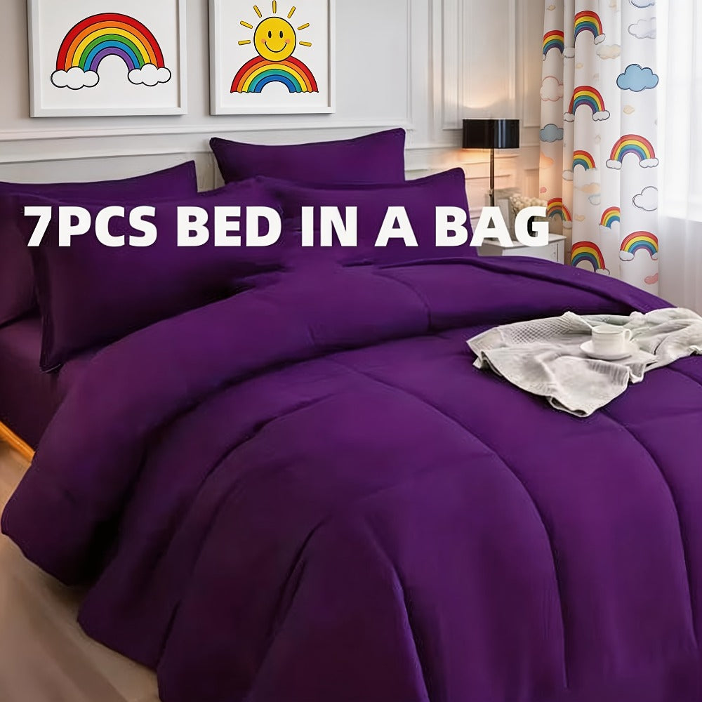 Comforter Set 7 Piece Bed in a Bag Full Queen King Soft Satin-Like Fabric with Fitted Sheet Flat Sheet Pillowcases Breathable Bedding Set for Bedroom Hotel