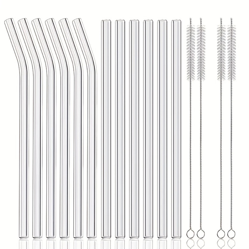 Glass Straws Set 12 Pack with Cleaning Brushes - Reusable Borosilicate Heat Resistant Drinking Straws for Smoothies Coffee Tea Milkshakes Mason Jars
