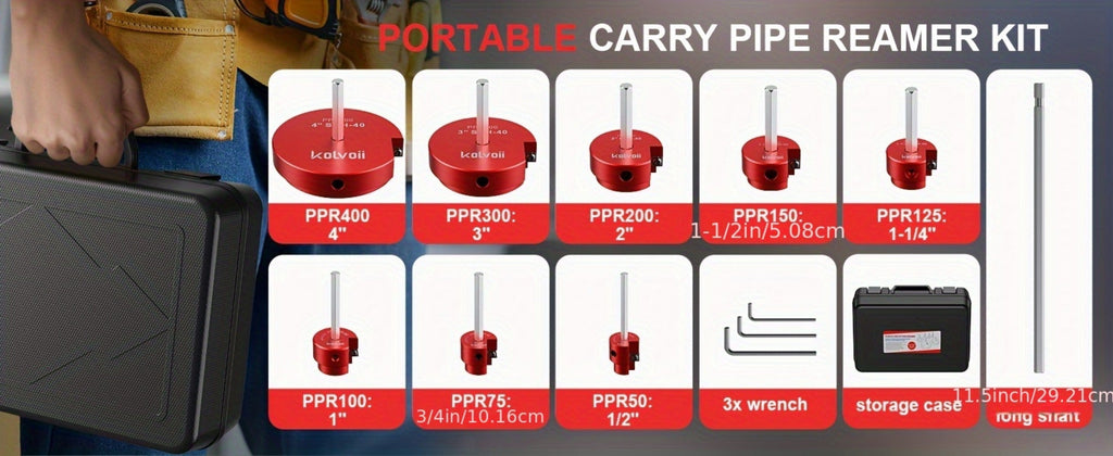 PVC Pipe Reamer Kit 8pcs - Fitting Saver for SCH 40 Plastic Pipe, Aluminum Alloy Body with 11.5¡± Hex Shaft, 8 Sizes 1/2¡± to 4¡±, for PVC PP PE ABS Pipes, Drill Compatible, Red