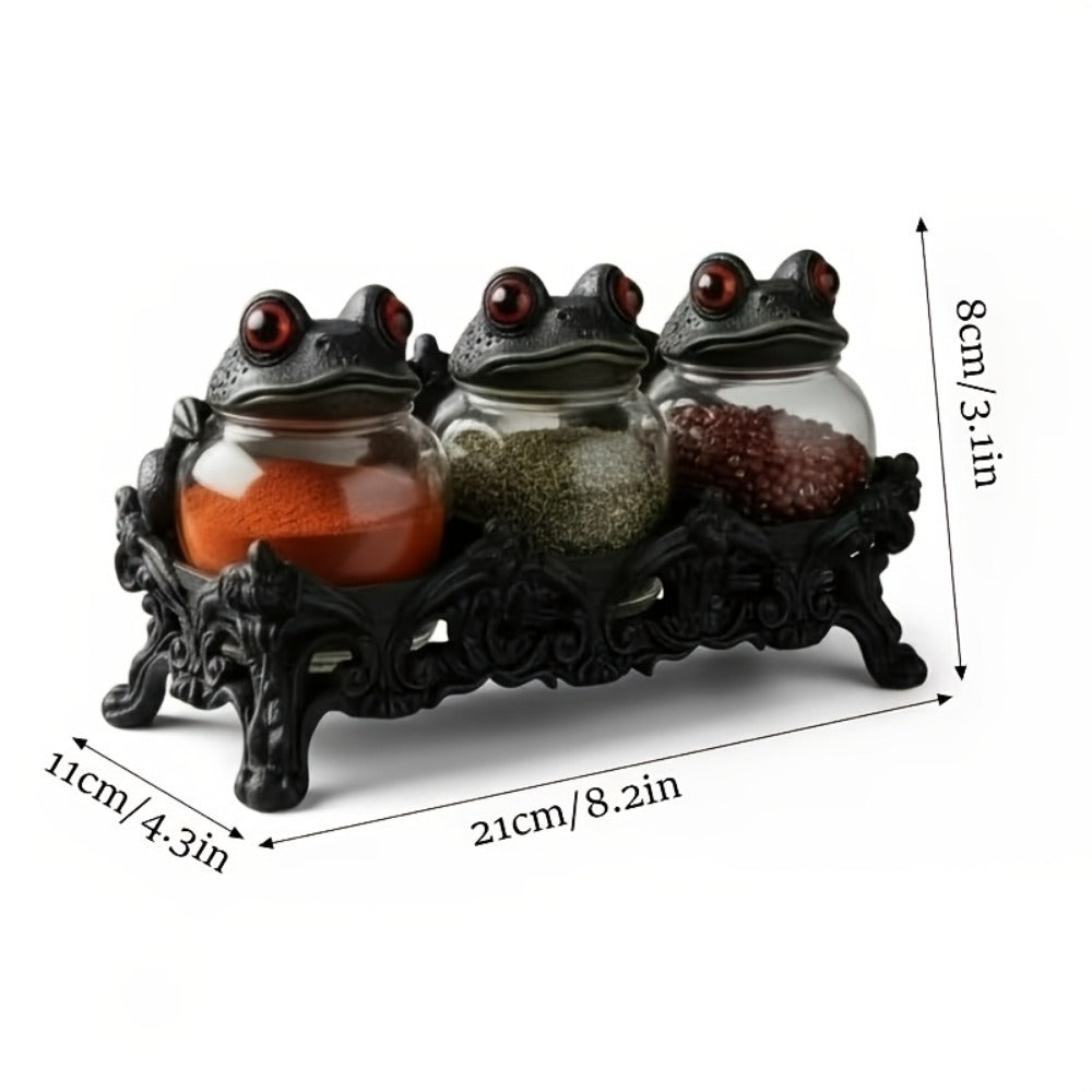 Gothic Witch Frog Spice Jars Set of 3 with Engraved Bases & Spoon ¨C Vintage Pharmacist Jars with Frog Lids for Dark Kitchen Decor, Halloween Herb Storage