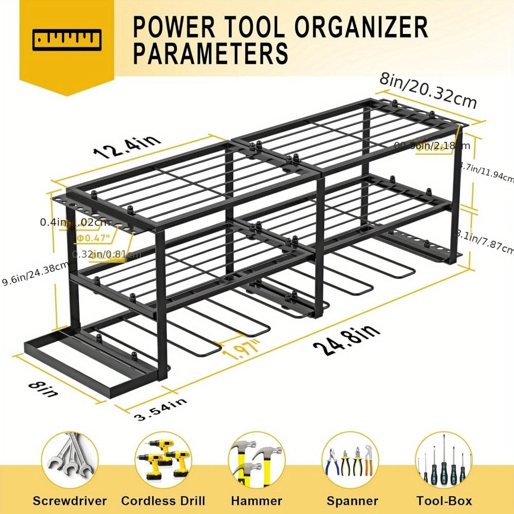 Power Drill Holder Wall Mount ¨C Heavy Duty Tool Storage Rack with 3/4 Layer Floating Shelf | Cordless Drill Organizer | 4/6/8 Drill Holders Workshop Tool Rack for Garage & Workshop Organization