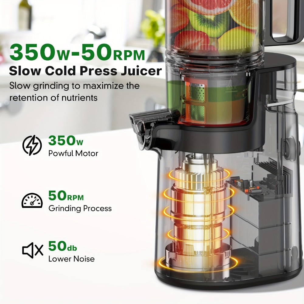 Cold Press Juicer Masticating ¨C 350W Slow Juicer with Wide Feed Chute, 50RPM Fine Grinding, High Juice Yield, Easy to Clean, Safe Bladeless Design for Whole Fruits & Vegetables, Black & Pink