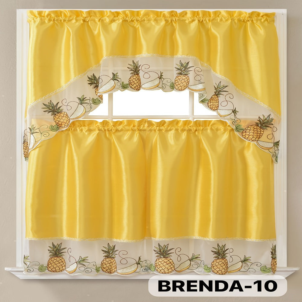 Kitchen Curtains 3 Piece Set Embroidered Satin Valance and Tiers - Rod Pocket Light Filtering Machine Washable 46 Colors Available All Season Home Decor