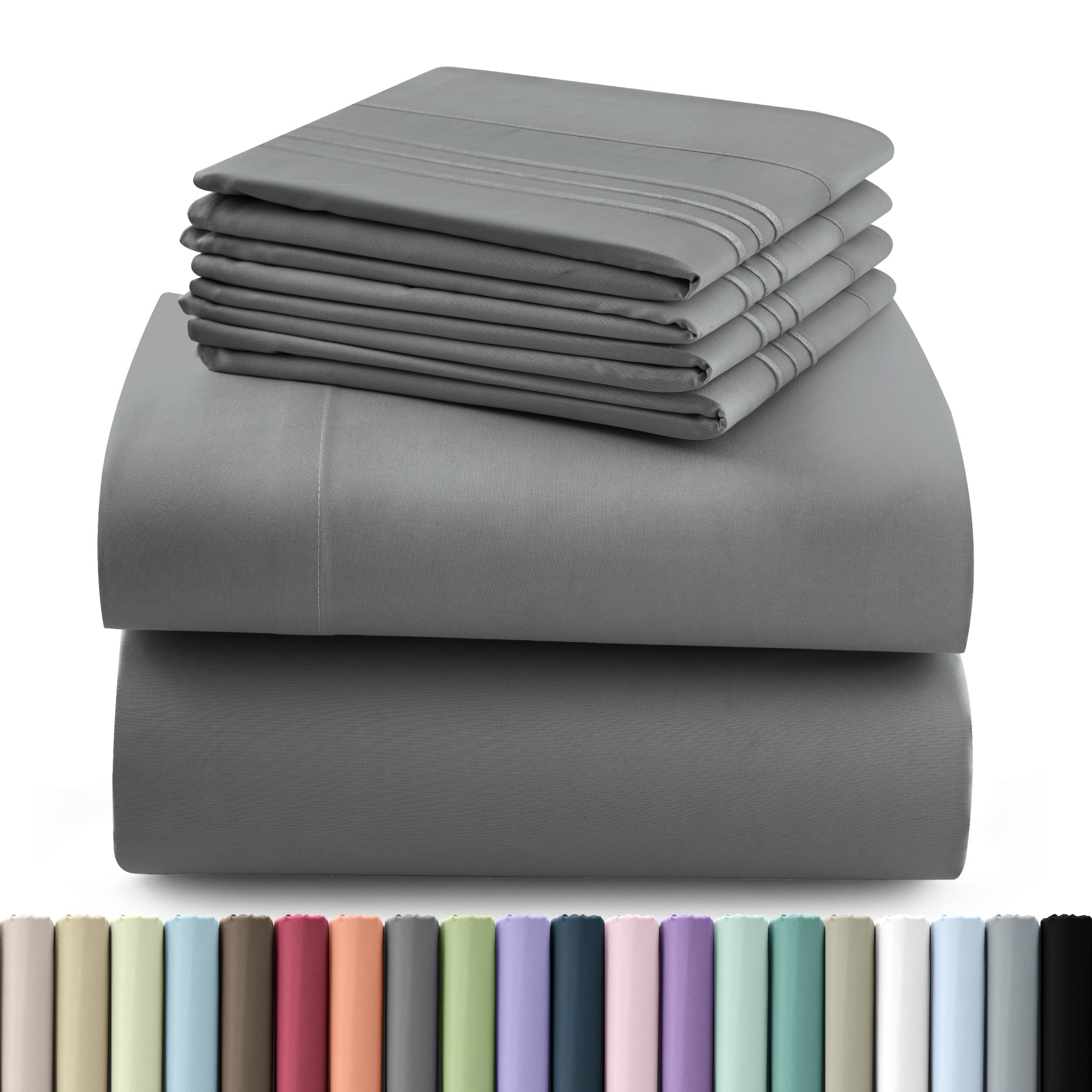 Fitted Sheet Set 6-Piece Brushed Polyester Deep Pocket Bed Sheets 20 Colors Hotel Luxury Soft Bedding with Embroidered Pillowcases
