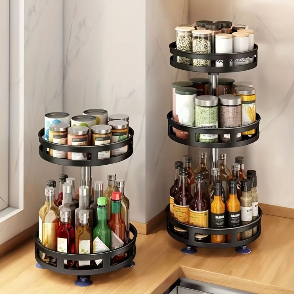 Spice Rack Organizer 3 Tier Rotating Turntable Carbon Steel Kitchen Seasoning Storage Rack for Counter Pantry Cabinet Black White