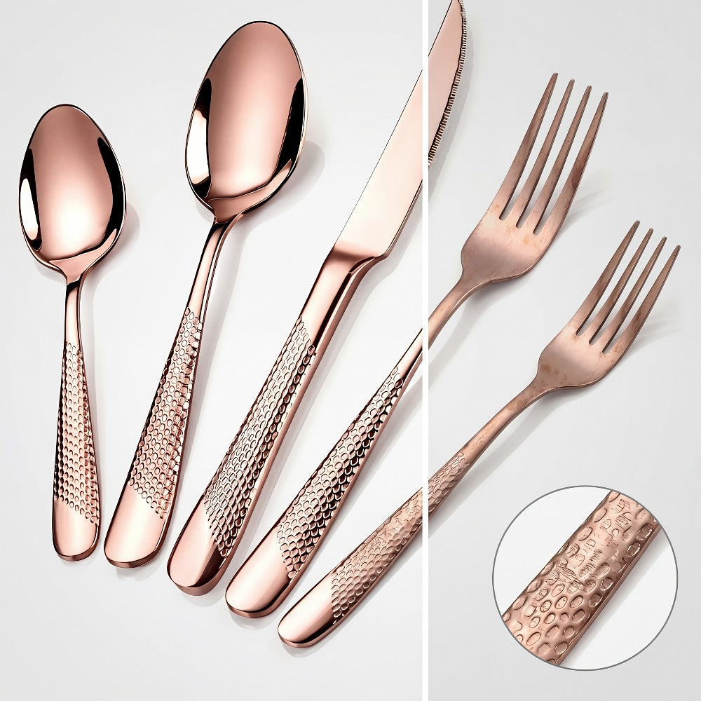Stainless Steel Flatware Set 40/48 Piece ¨C 304 Silverware Set for 8 Hammered Mirror Polished Rose Gold Cutlery with 2-in-1 Serrated Knife Dishwasher Safe Modern Utensils for Home Restaurant Wedding