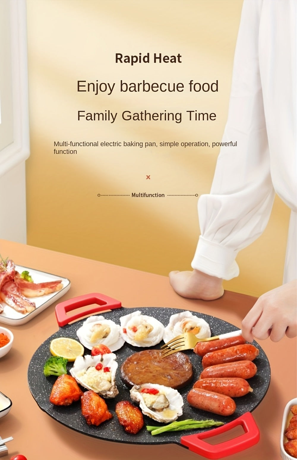 Korean BBQ Grill Pan ¨C Round Non-Stick Multi-Functional Electric Grill Pan with Red Handle & Adjustable Settings, Home & Outdoor BBQ Pot for Family Gatherings, Available in 14.17¡± & 15.75¡±