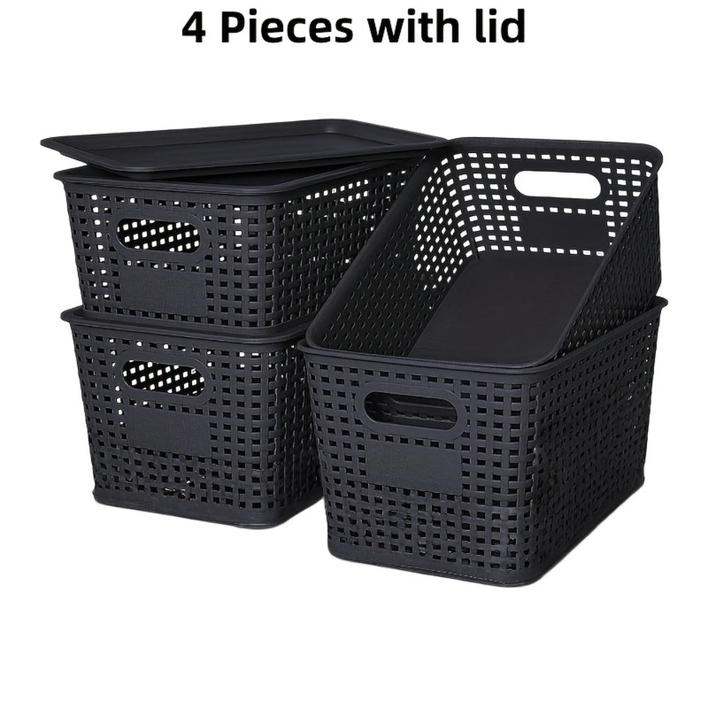 Storage Organizer Bins with Lids 4/8 Pack | Space-Saving Stackable Boxes 10¡±x7¡±x4¡± for Shelves, Closet & Desk - Declutter Bins for Dorm, Playroom & Office with File Organizer Bag, White Black Gray Red