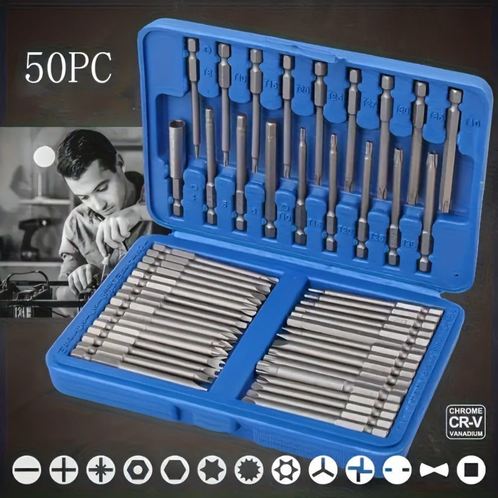 Magnetic Screwdriver Bits Set 50pcs ¨C 75mm Extended Security Bits, 1/4¡± Hex Shank, Torx Star Hex Spline, for Power Drills & Hand Screwdrivers