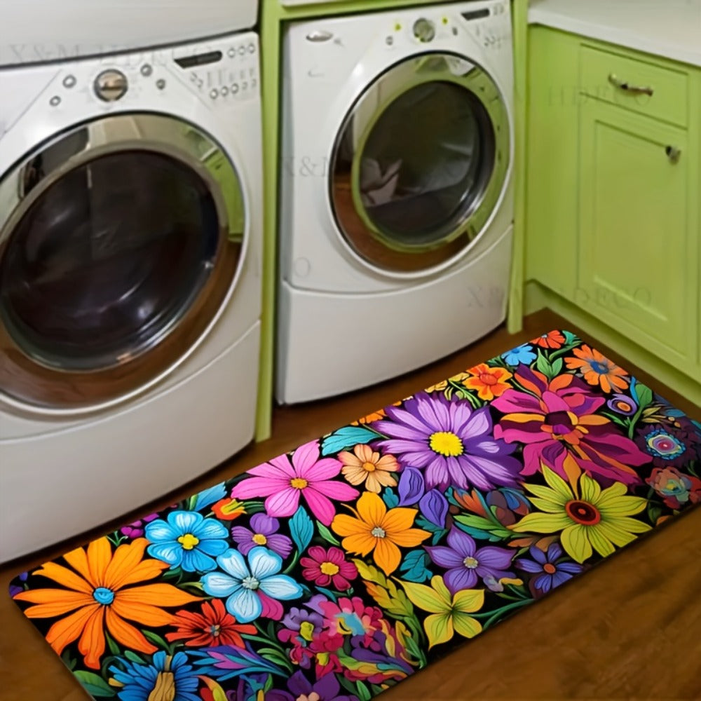 Kitchen Mat Floral Design ¨C Soft Non-Slip Rectangular Rug, Machine Washable 100% Polyester Floor Mat for Kitchen, Bathroom, Laundry Room, Living Room & Bedroom