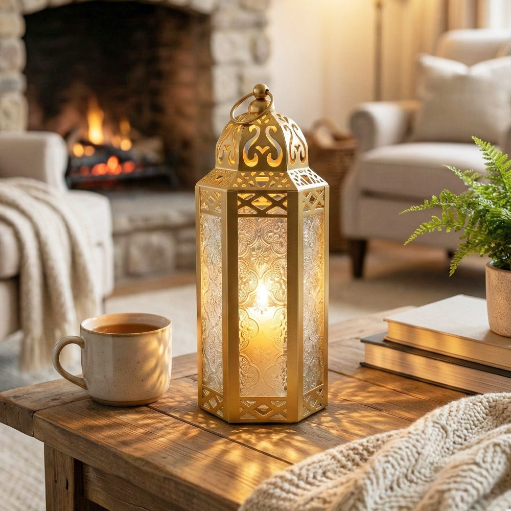 Moroccan Candle Lantern Holder - Decorative Metal & Glass Lantern with Embossed Floral Design for Indoor Home Decor, Garden, Patio, Weddings, Ramadan, Halloween & Holiday Celebrations - 10.5¡± Tall Medium Size