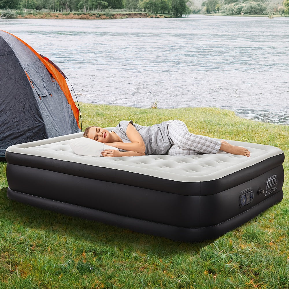 Inflatable Air Mattress with Pump Flocking Surface High Load Capacity Portable Air Sleeping Bed for Camping Hiking Beach Indoor Outdoor Guest Use, Easy Storage Compact Design