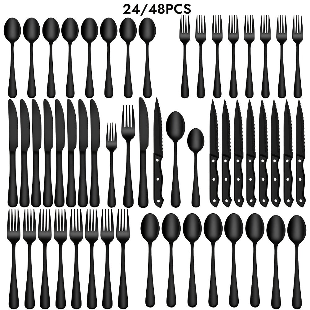 Stainless Steel Flatware Set with Steak Knives ¨C 24/48 Piece Silverware Set Service for 4 or 8, Mirror Polished Cutlery, Dishwasher Safe, Silver & Black