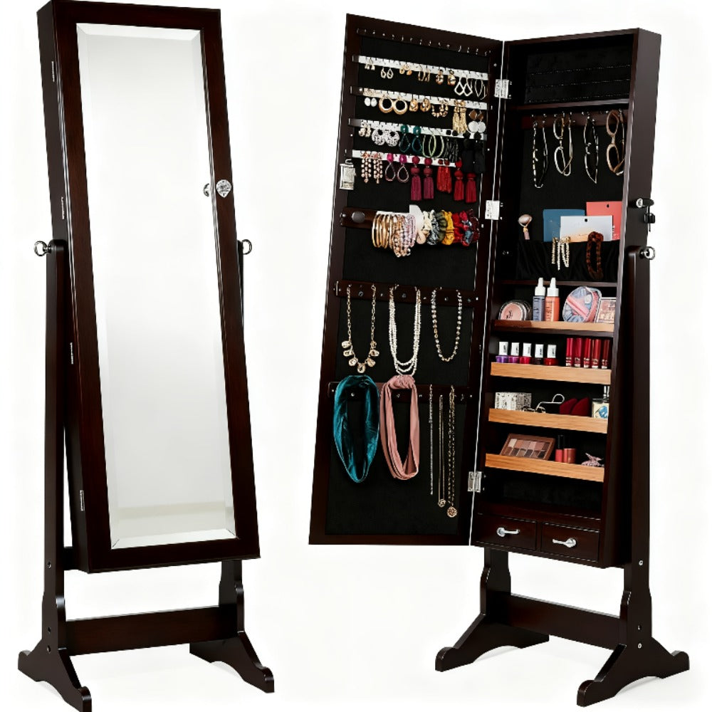 Jewelry Armoire Floor Standing 47.2¡± Full-Length Mirror Cabinet with 6 LED Lights Dual Lock, Jewelry Organizer for Necklaces Earrings Rings Bracelets, Bedroom Closet Storage 4 Colors